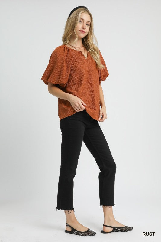 Textured V-Neck Blouse-Rust