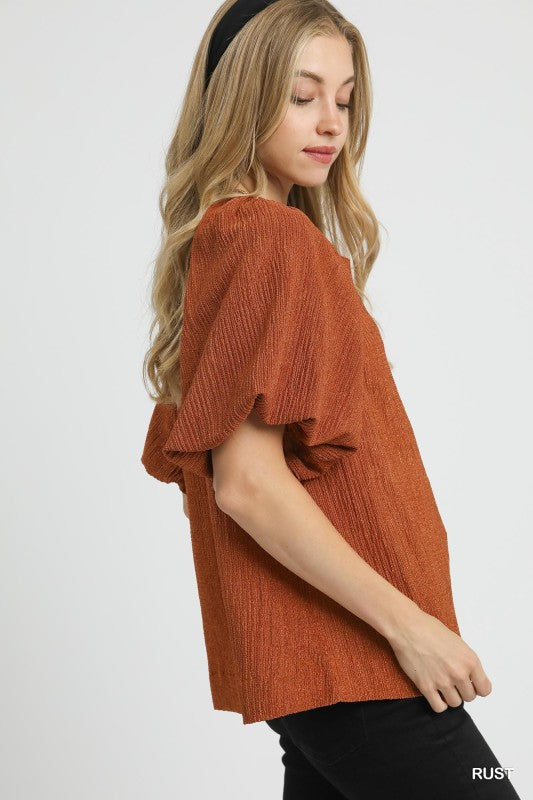 Textured V-Neck Blouse-Rust