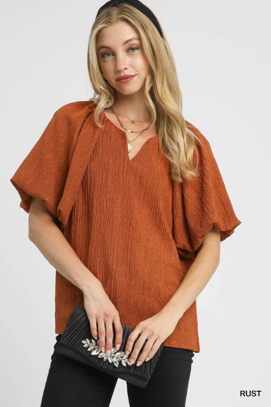 Textured V-Neck Blouse-Rust