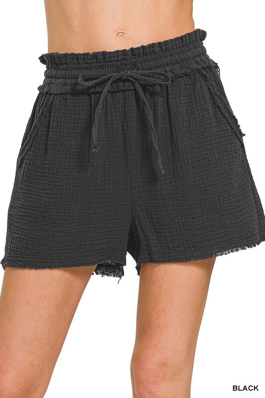 Black Double Gauze Drawstring Shorts